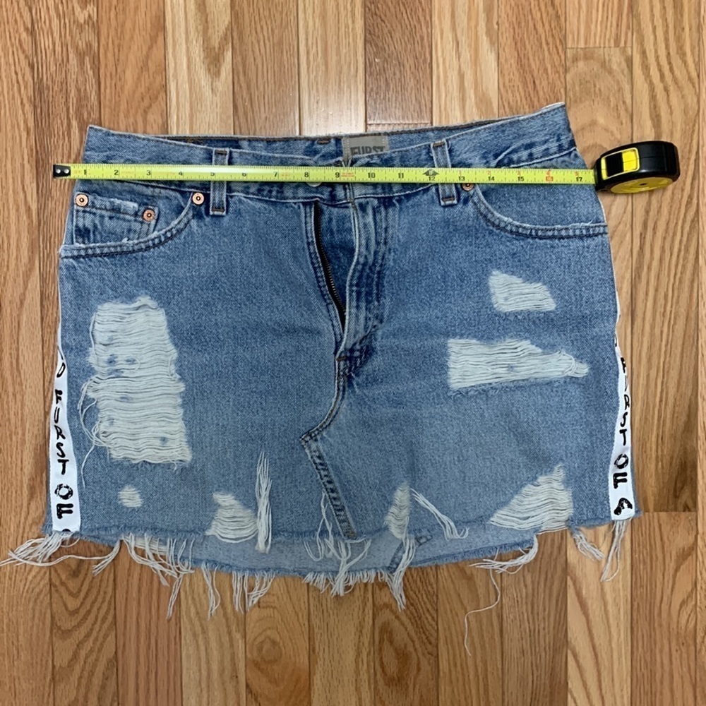 FURST‎ OF A KIND Distressed Denim Skirt White Stripe Ripped Raw Hem Blue Jeans - Picture 4 of 6